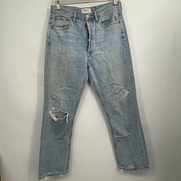 Agolde Blue Distressed Button Fly Cotton Riley High Rise Straight Jeans Size 28 - Picture 1 of 9